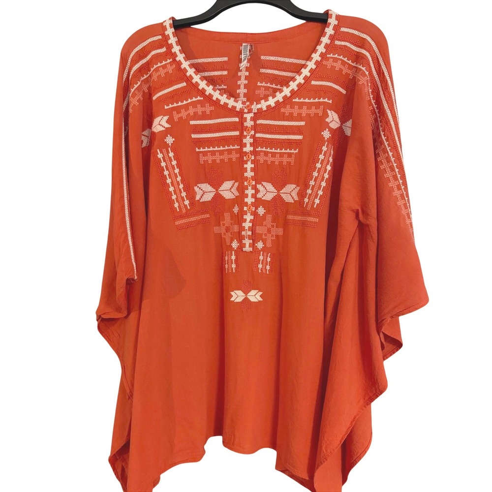 Momo Reno Poncho Top Womens M Orange Excellent Embroidered Linen Blend